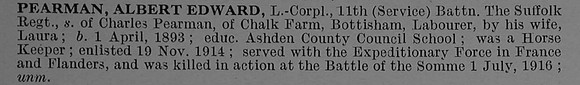 Pearman A E L/Cpl 16567 11th Suffolk Regiment Short Obit De Ruvignys Roll Of Honour Vol 4