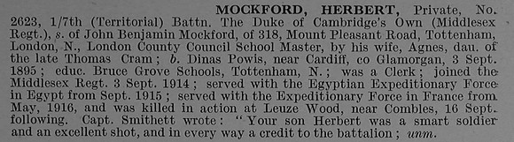 Mockford H Pte 2623 7th Middlesex Regiment Obit De Ruvignys Roll Of Honour Vol 4