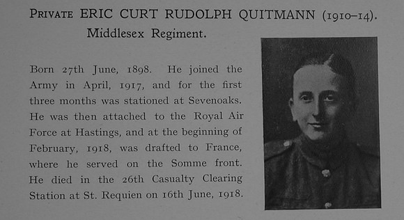Quitmann E C R Pte 84289 6th Middlesex Regiment Attd Royal Air Force Obit Dulwich College Roll Of Honour