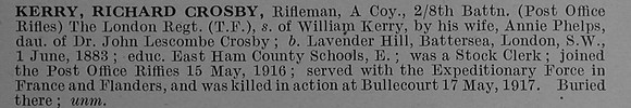 Kerry R C Rfn 373129 8th London Regiment (Post Office Rifles) Obit De Ruvignys Roll Of Honour Vol 4