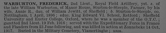 Warburton F 2nd Lt Royal Field Artillery Short Obit De Ruvignys Roll Of Honour Vol 4