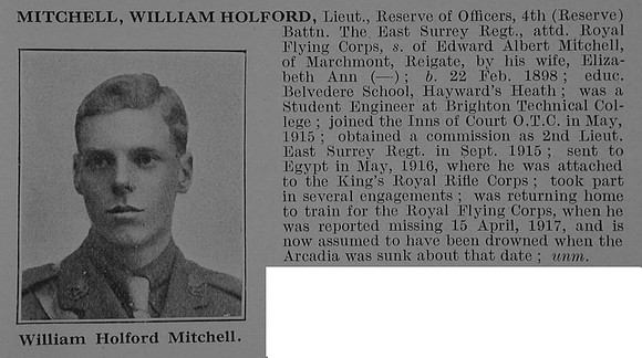 Mitchell W H Lt 4th East Surrey Regiment Attd Royal Flying Corps Obit De Ruvignys Roll Of Honour Vol 5