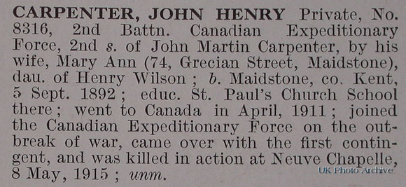 Carpenter J H Pte CEF Obit De Ruvignys Roll Of Honour Vol 1