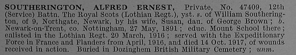 Southerington A E Pte 47409 12th Royal Scots Short Obit De Ruvignys Roll Of Honour Vol 4