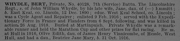 Whydle B Pte 40128 7th Lincolnshire Regiment Obit De Ruvignys Roll Of Honour Vol 4