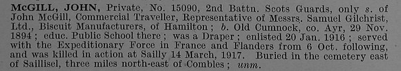 McGill J Pte 15090 2nd Scots Guards Obit De Ruvignys Roll Of Honour Vol 4