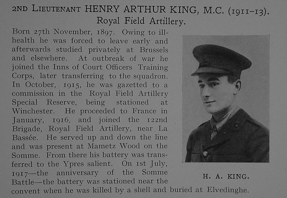 King H A 2nd Lt MC Royal Field Artillery Obit Dulwich College Roll Of Honour