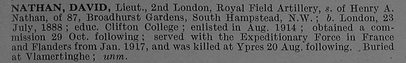 Nathan D Lt Royal Field Artillery Short Obit De Ruvignys Roll Of Honour Vol 4