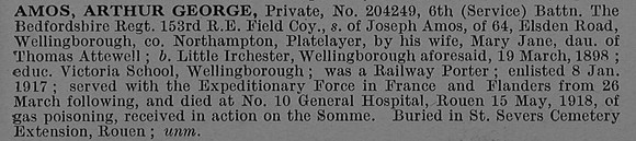 Amos A G Pte 204249 6th Bedfordshire Regiment Obit De Ruvignys Roll Of Honour Vol 4