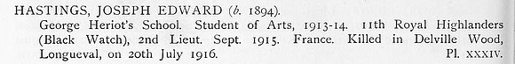 Hastings J E 2nd Lt 11th Black Watch Obit