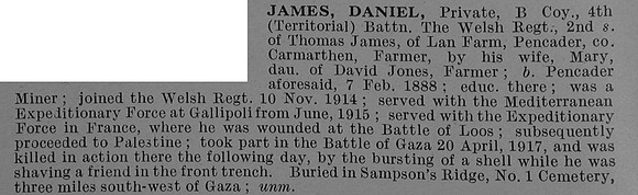 James D Pte 200168 4th Welsh Regiment Obit De Ruvignys Roll Of Honour Vol 4