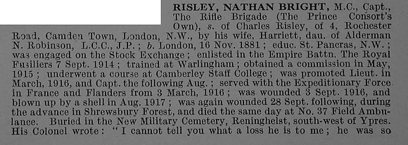 Risley N B Captain MC 16th Rifle Brigade Obit Part 1 De Ruvignys Roll Of Honour Vol 4