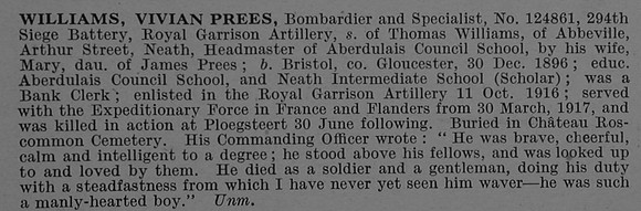 Williams V P Bmdr 124861 Royal Garrison Artillery Obit De Ruvignys Roll Of Honour Vol 4
