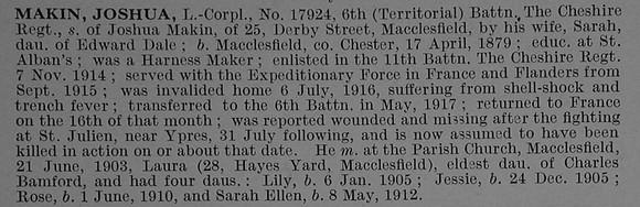 Makin J L/Cpl 17924 6th Cheshire Regiment Obit De Ruvignys Roll Of Honour Vol 4
