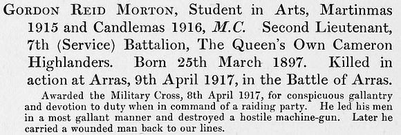 Morton G R 2nd Lt MC 7th Cameron Highlanders Obit St Andrews University Roll Of Honour