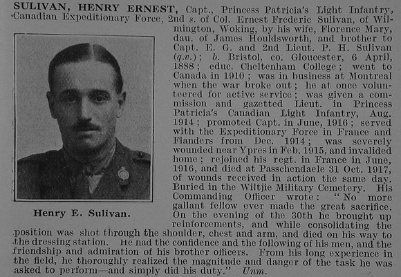 Sulivan H E Captain Princess Patricia's Canadian Light Infantry (Eastern Ontario Regiment) Obit De Ruvignys Roll Of Honour Vol 3