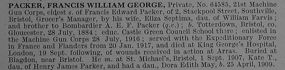 Packer F W G Pte 64585 Machine Gun Corps Obit De Ruvignys Roll Of Honour Vol 4