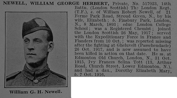 Newell W G H Pte 517023 14th London Regiment Obit De Ruvignys Roll Of Honour Vol 4