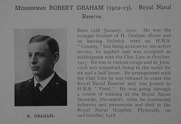Graham R Midshipman H.M.S. Vivid Royal Naval Reserve Obit Dulwich College Roll Of Honour