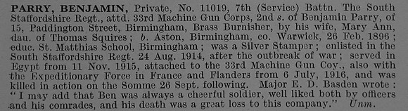 Parry B Pte 11019 7th South Staffordshire Regiment Obit De Ruvignys Roll Of Honour Vol 4
