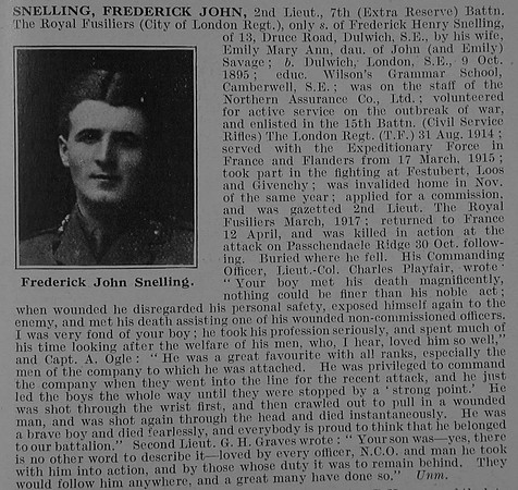 Snelling F J 2nd Lt 7th Royal Fusiliers Obit De Ruvignys Roll Of Honour Vol 3