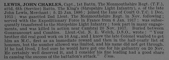 Lewis J C Captain 1st Monmouthshire Regiment Obit De Ruvignys Roll Of Honour Vol 4