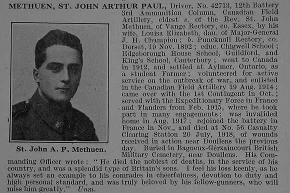 Methuen St J A P Dvr 42713 Canadian Field Artillery Obit De Ruvignys Roll Of Honour Vol 4