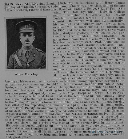 Barclay A 2nd Lt Royal Engineers Obit