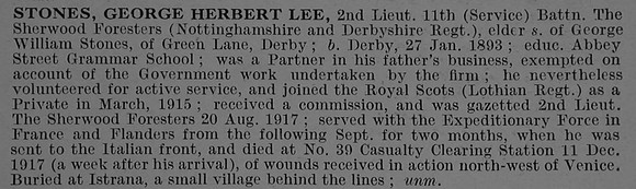 Stones G H L 2nd Lt 11th Notts & Derby Regiment Obit De Ruvignys Roll Of Honour Vol 4