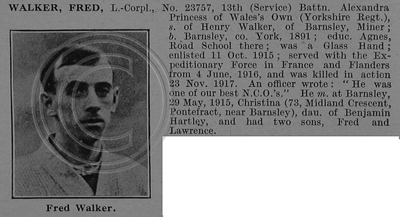 Walker F L/Cpl 23757 13th Yorkshire Regiment Obit De Ruvignys Roll Of Honour Vol 4
