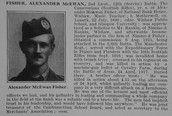 Fisher A M 2nd Lt 12th Cameronains Obit De Ruvignys Roll Of Honour Vol 3