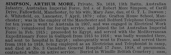 Simpson A M Pte 1618 13th Australian Infantry Obit De Ruvignys Roll Of Honour Vol 4