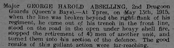 Abselling G H Major DSO 2nd Dragoon Guards DSO Citation The Graphic 5th July 1915