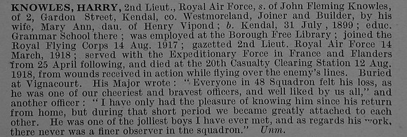 Knowles H 2nd Lt Royal Air Force Obit De Ruvignys Roll Of Honour Vol 4