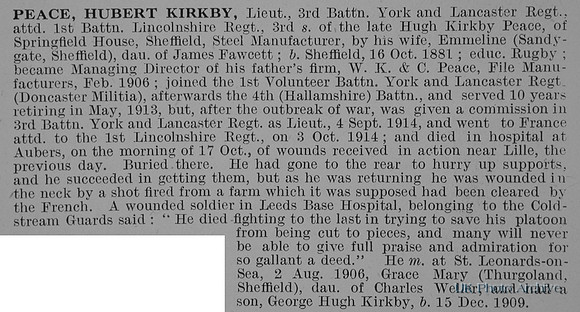 Peace H K Lt 3rd York Lancs Regiment Obit De Ruvignys Roll Of Honour Vol 1