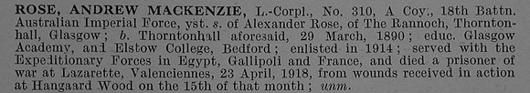 Rose A M L/Cpl 310 18th Australian Infantry Obit De Ruvignys Roll Of Honour Vol 4