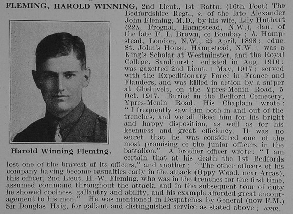 Fleming H W 2nd Lt 1st Bedfordshire Regiment Obit De Ruvignys Roll Of Honour Vol 3