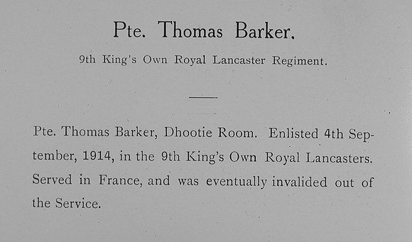 Barker T Pte 9th Kings Own Record William Graham Co Roll Of Honour