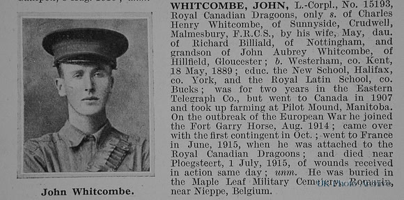 Whitcombe J LCpl R Canadian Dragoons Obit De Ruvignys Roll Of Honour Vol 1
