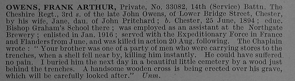 Owens F A Pte 33082 14th Cheshire Regiment Obit De Ruvignys Roll Of Honour Vol 4