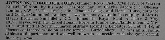 Johnson F J Gnr Royal Field Artillery Obit De Ruvignys Roll Of Honour Vol 4