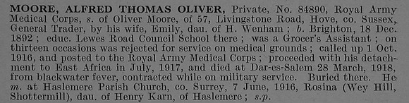 Moore A T O Pte 84890 Royal Army Medical Corps Obit De Ruvignys Roll Of Honour Vol 4