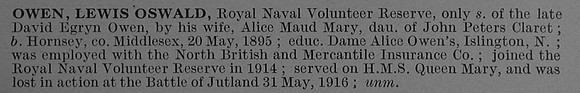 Owen L O AB London 4/2827 H.M.S. Queen Mary Royal Naval Volunteer Reserve Short Obit De Ruvignys Roll Of Honour Vol 4