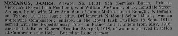 McManus J Pte 14504 9th Royal Irish Fusiliers Obit De Ruvignys Roll Of Honour Vol 4