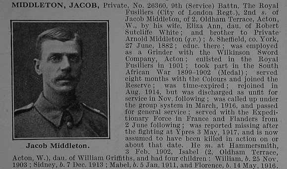 Middleton J Pte 26360 9th Royal Fusiliers Obit De Ruvignys Roll Of Honour Vol 4