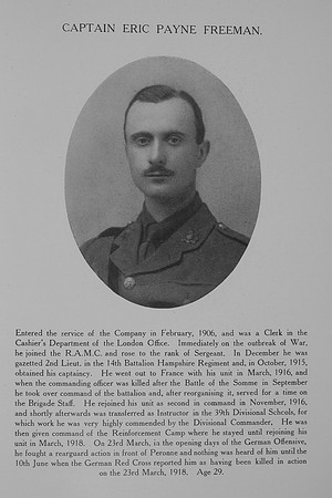 Freeman E P Captain 14th Hampshire Regiment Northern Assurance Co War Record