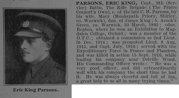 Parsons E K Captain 9th Rifle Brigade Obit De Ruvignys Roll Of Honour Vol 3