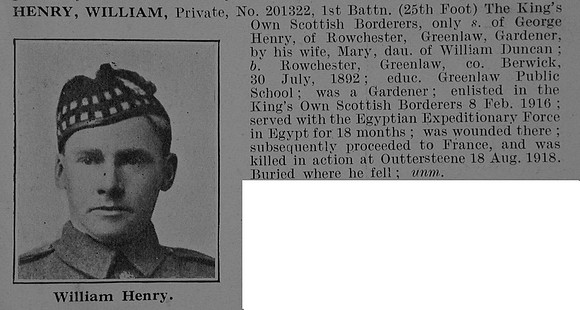 Henry W Pte 201322 1st King's Own Scottish Borderers Obit De Ruvignys Roll Of Honour Vol 5