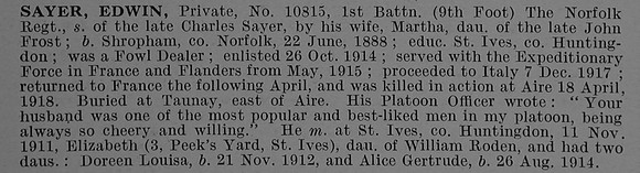 Sayer E Pte 10815 1st Norfolk Regiment Obit De Ruvignys Roll Of Honour Vol 4