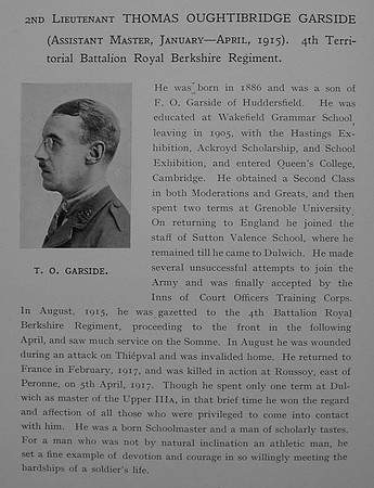 Garside T O 2nd Lt R Berks Regt Dulwich College Roll Of Honour